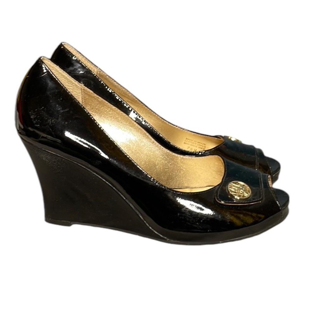 LILLY PULITZER BLACK PATENT LEATHER OPEN TOE WEDGE PUMPS SZ 7.5